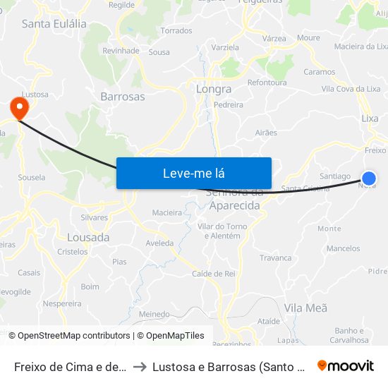 Freixo de Cima e de Baixo to Lustosa e Barrosas (Santo Estêvão) map
