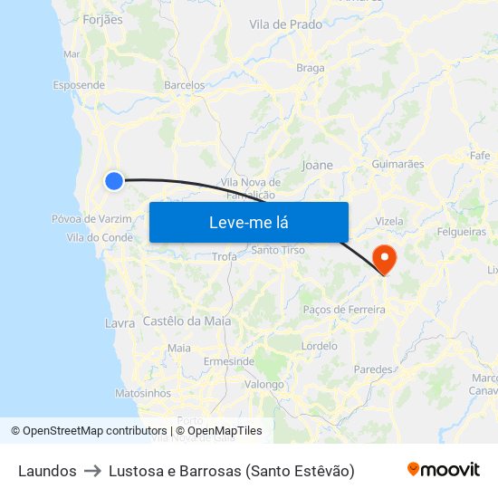 Laundos to Lustosa e Barrosas (Santo Estêvão) map