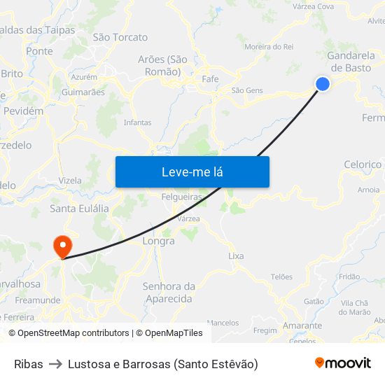 Ribas to Lustosa e Barrosas (Santo Estêvão) map