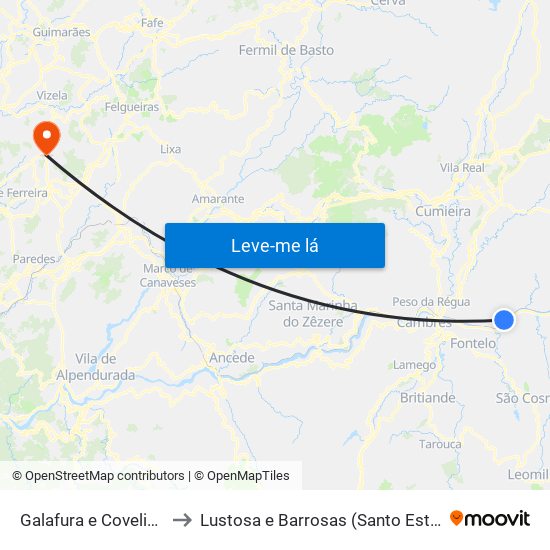 Galafura e Covelinhas to Lustosa e Barrosas (Santo Estêvão) map