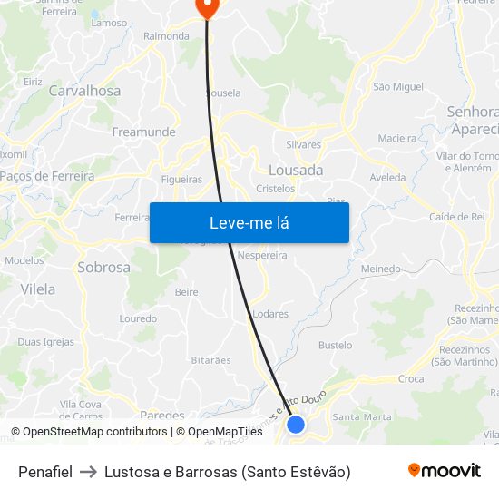 Penafiel to Lustosa e Barrosas (Santo Estêvão) map