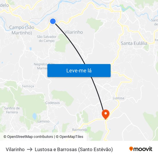 Vilarinho to Lustosa e Barrosas (Santo Estêvão) map
