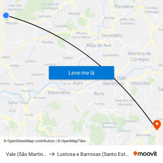 Vale (São Martinho) to Lustosa e Barrosas (Santo Estêvão) map