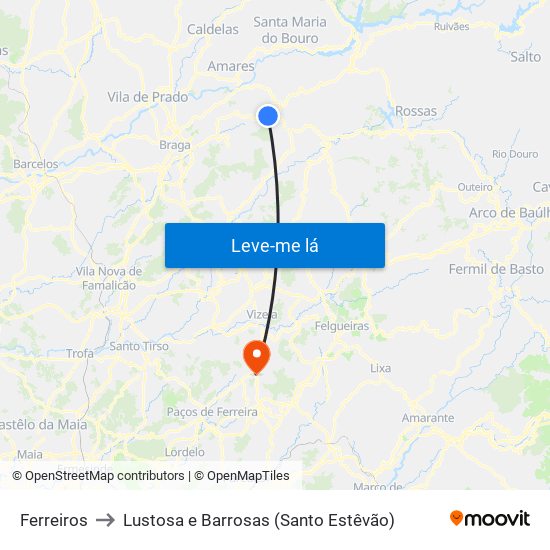 Ferreiros to Lustosa e Barrosas (Santo Estêvão) map