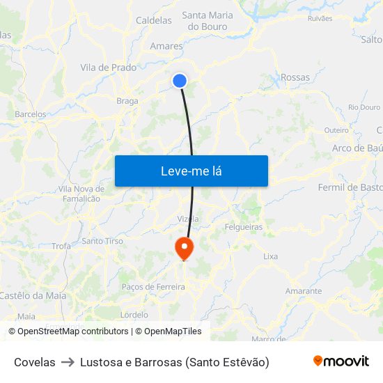 Covelas to Lustosa e Barrosas (Santo Estêvão) map