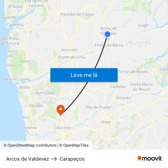 Arcos de Valdevez to Carapeços map
