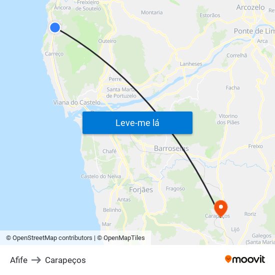 Afife to Carapeços map