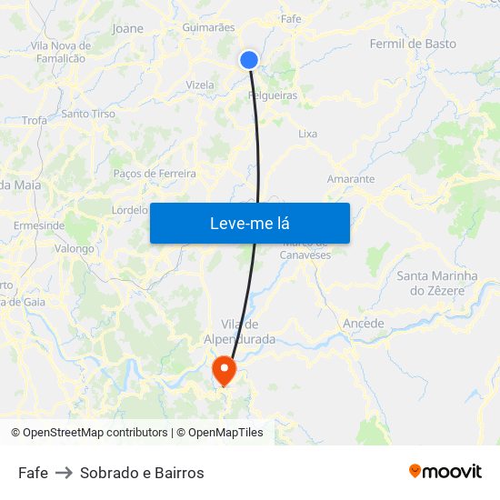 Fafe to Sobrado e Bairros map