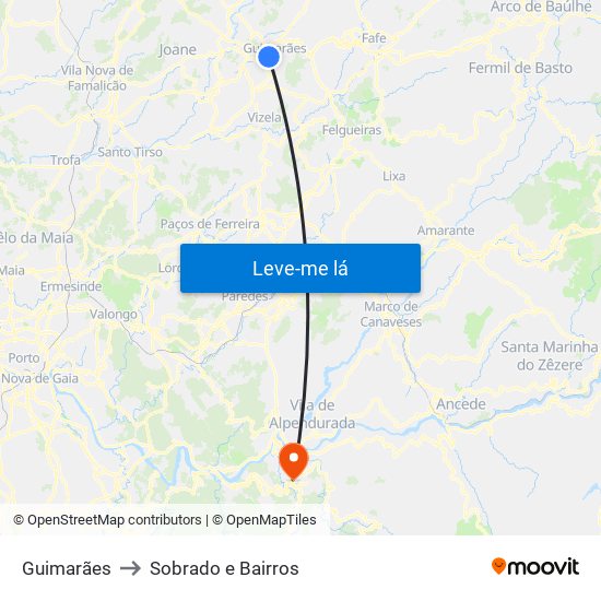 Guimarães to Sobrado e Bairros map