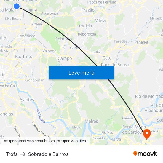 Trofa to Sobrado e Bairros map