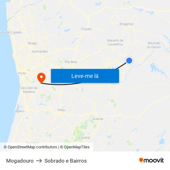 Mogadouro to Sobrado e Bairros map