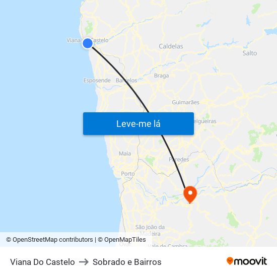 Viana Do Castelo to Sobrado e Bairros map