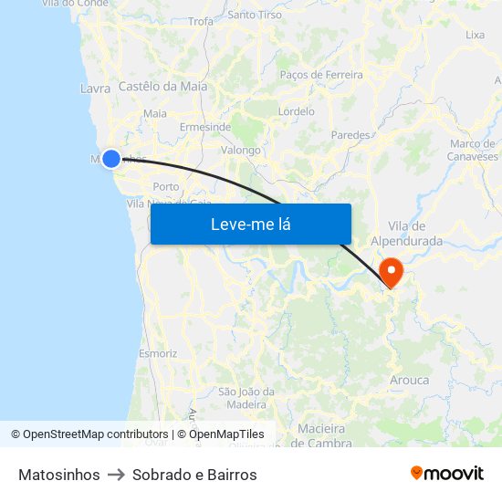 Matosinhos to Sobrado e Bairros map