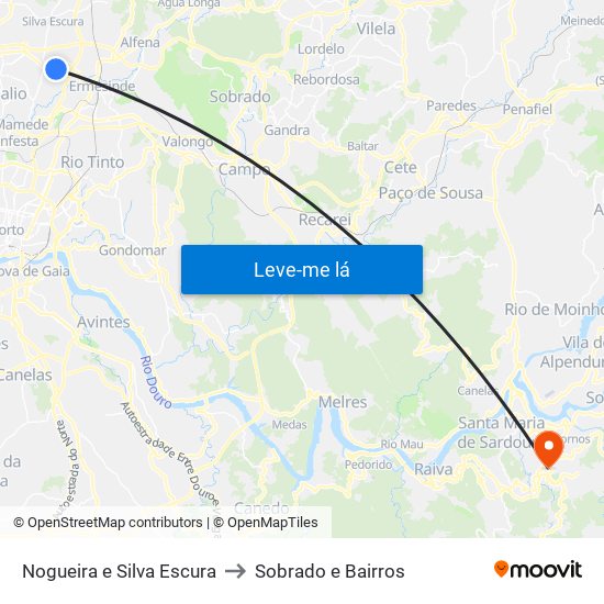 Nogueira e Silva Escura to Sobrado e Bairros map