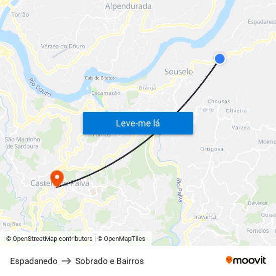 Espadanedo to Sobrado e Bairros map