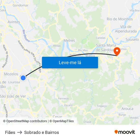 Fiães to Sobrado e Bairros map