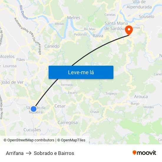 Arrifana to Sobrado e Bairros map