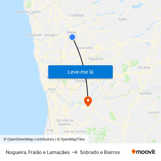 Nogueira, Fraião e Lamaçães to Sobrado e Bairros map