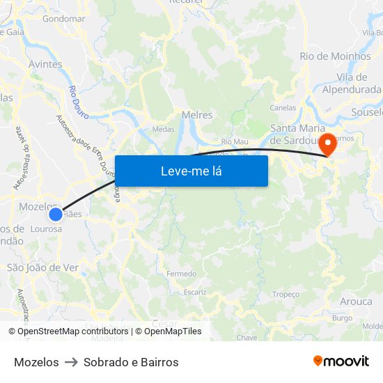 Mozelos to Sobrado e Bairros map