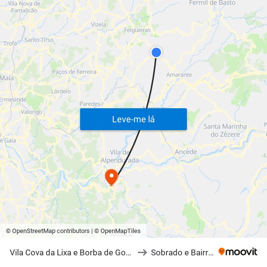 Vila Cova da Lixa e Borba de Godim to Sobrado e Bairros map