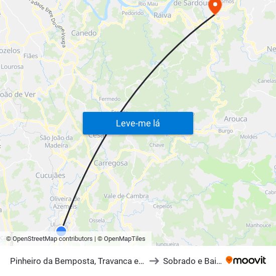 Pinheiro da Bemposta, Travanca e Palmaz to Sobrado e Bairros map