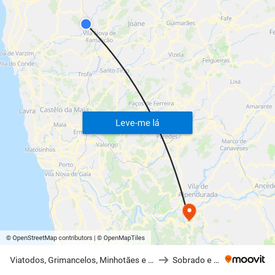 Viatodos, Grimancelos, Minhotães e Monte de Fralães to Sobrado e Bairros map