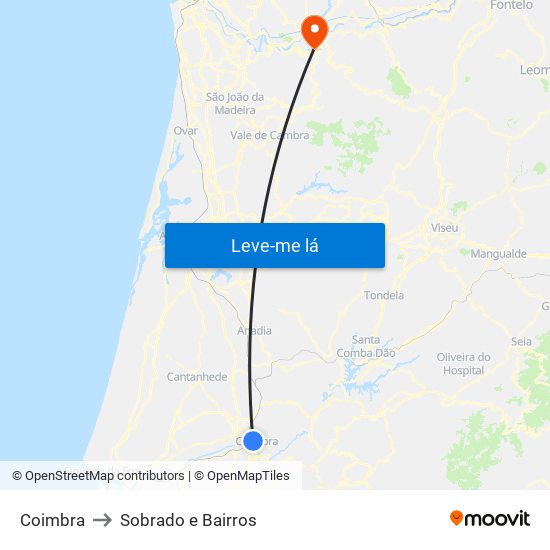 Coimbra to Sobrado e Bairros map