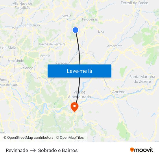 Revinhade to Sobrado e Bairros map