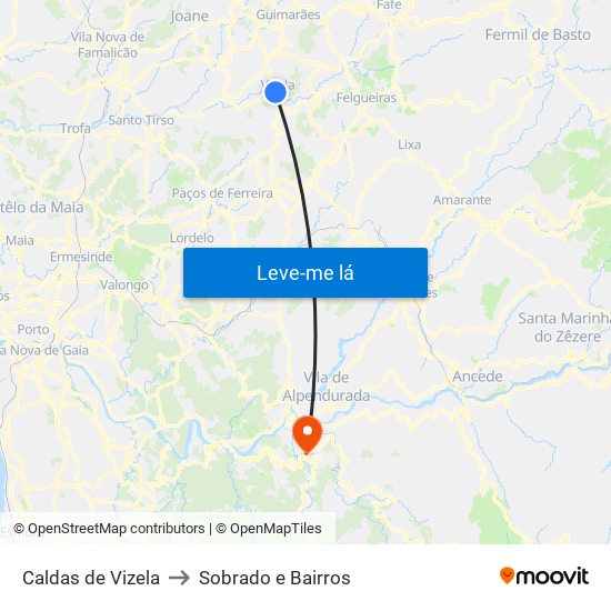 Caldas de Vizela to Sobrado e Bairros map