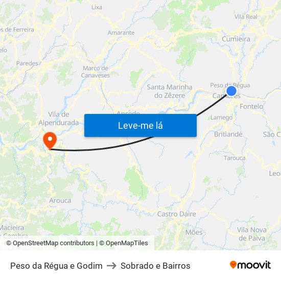 Peso da Régua e Godim to Sobrado e Bairros map