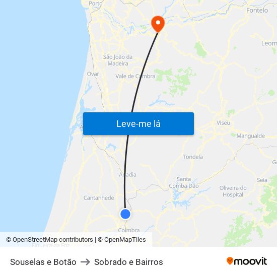 Souselas e Botão to Sobrado e Bairros map