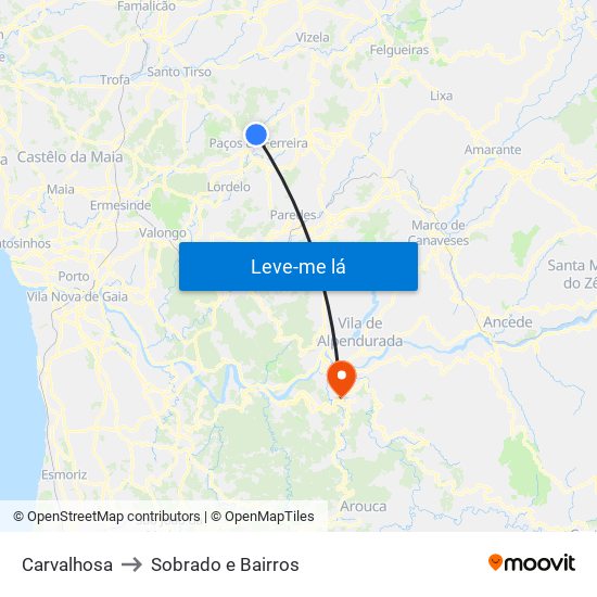 Carvalhosa to Sobrado e Bairros map