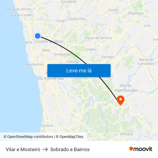 Vilar e Mosteiró to Sobrado e Bairros map