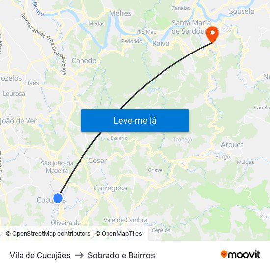 Vila de Cucujães to Sobrado e Bairros map