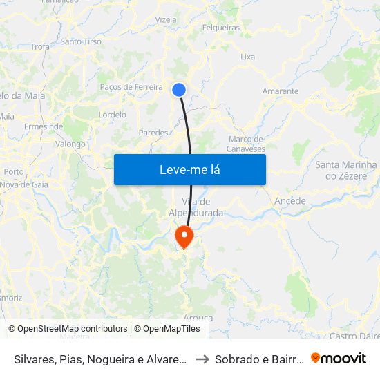 Silvares, Pias, Nogueira e Alvarenga to Sobrado e Bairros map