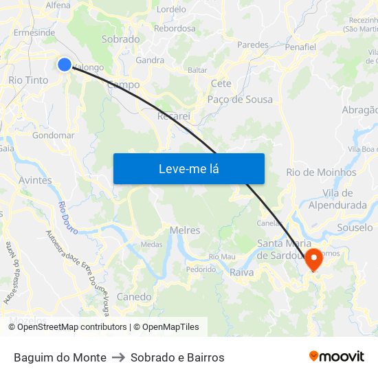 Baguim do Monte to Sobrado e Bairros map