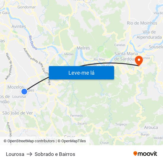 Lourosa to Sobrado e Bairros map