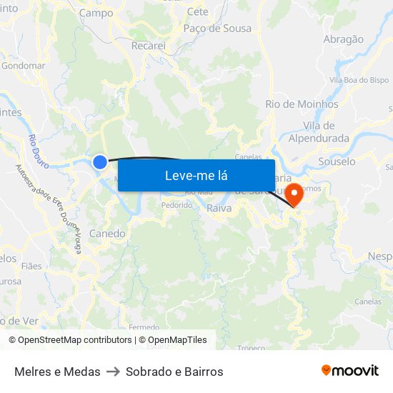 Melres e Medas to Sobrado e Bairros map