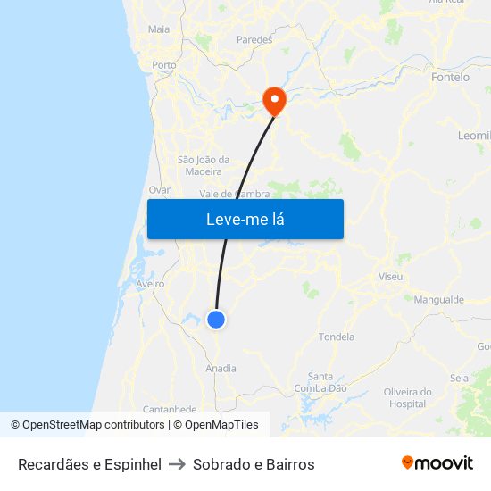 Recardães e Espinhel to Sobrado e Bairros map