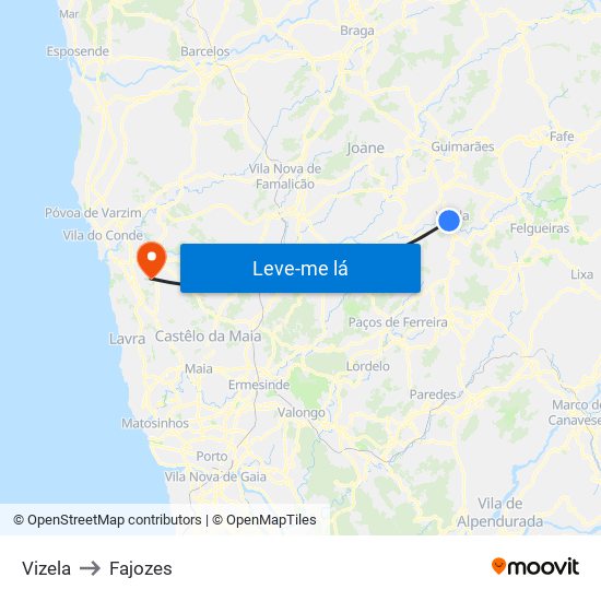Vizela to Fajozes map
