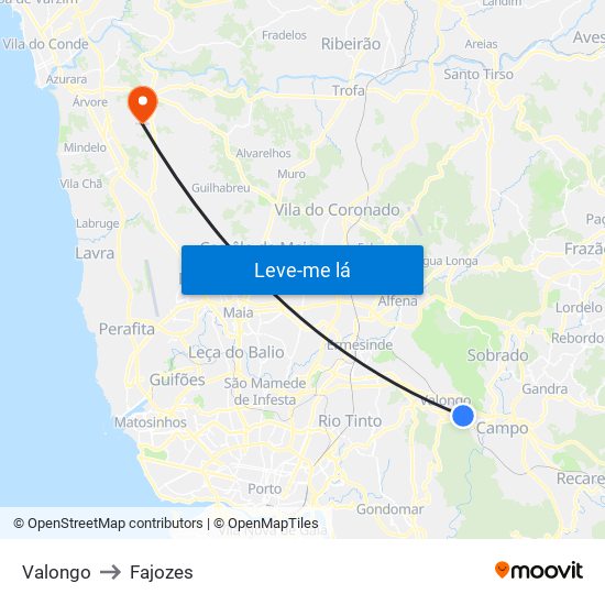 Valongo to Fajozes map