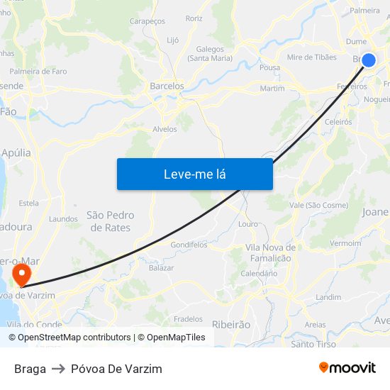 Braga to Póvoa De Varzim map