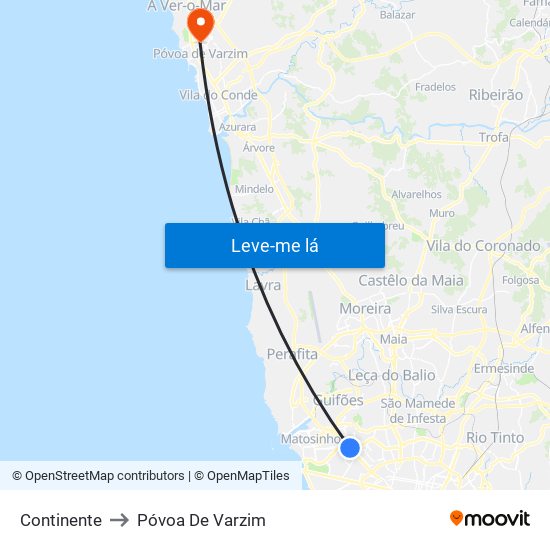 Continente to Póvoa De Varzim map