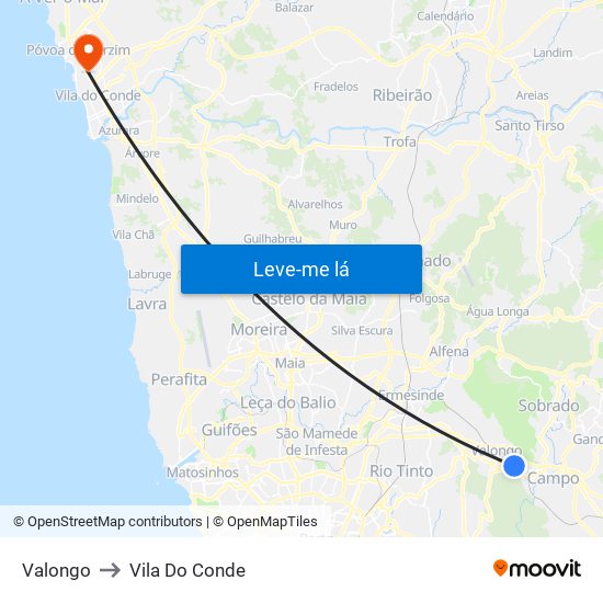 Valongo to Vila Do Conde map