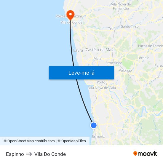 Espinho to Vila Do Conde map