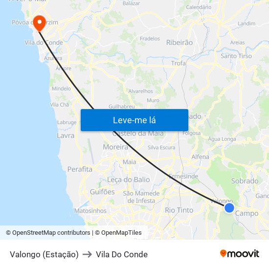 Valongo (Estação) to Vila Do Conde map