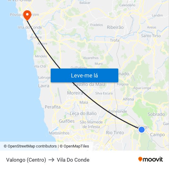 Valongo (Centro) to Vila Do Conde map