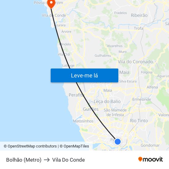 Bolhão (Metro) to Vila Do Conde map