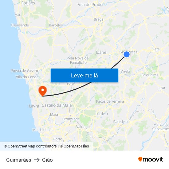Guimarães to Gião map