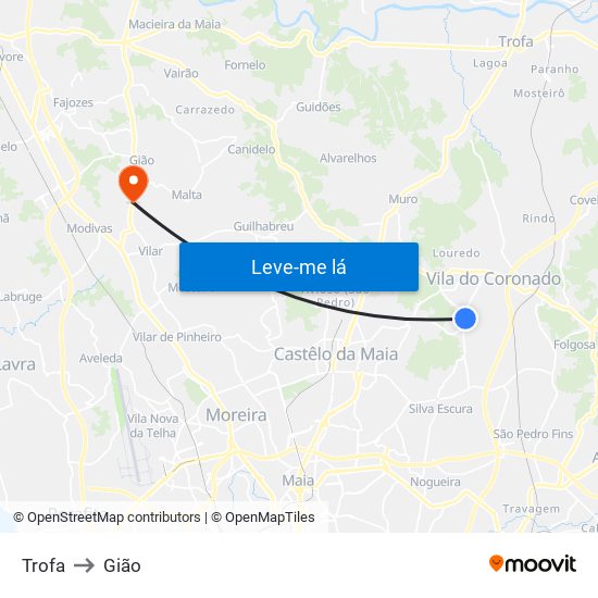 Trofa to Gião map